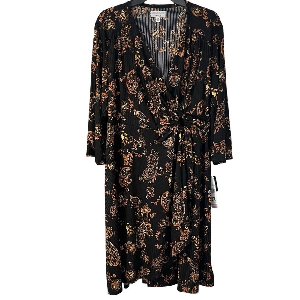 NWT Signature by Robbie Bee Womens Black Gold Paisley Faux Wrap Dress Size 2X